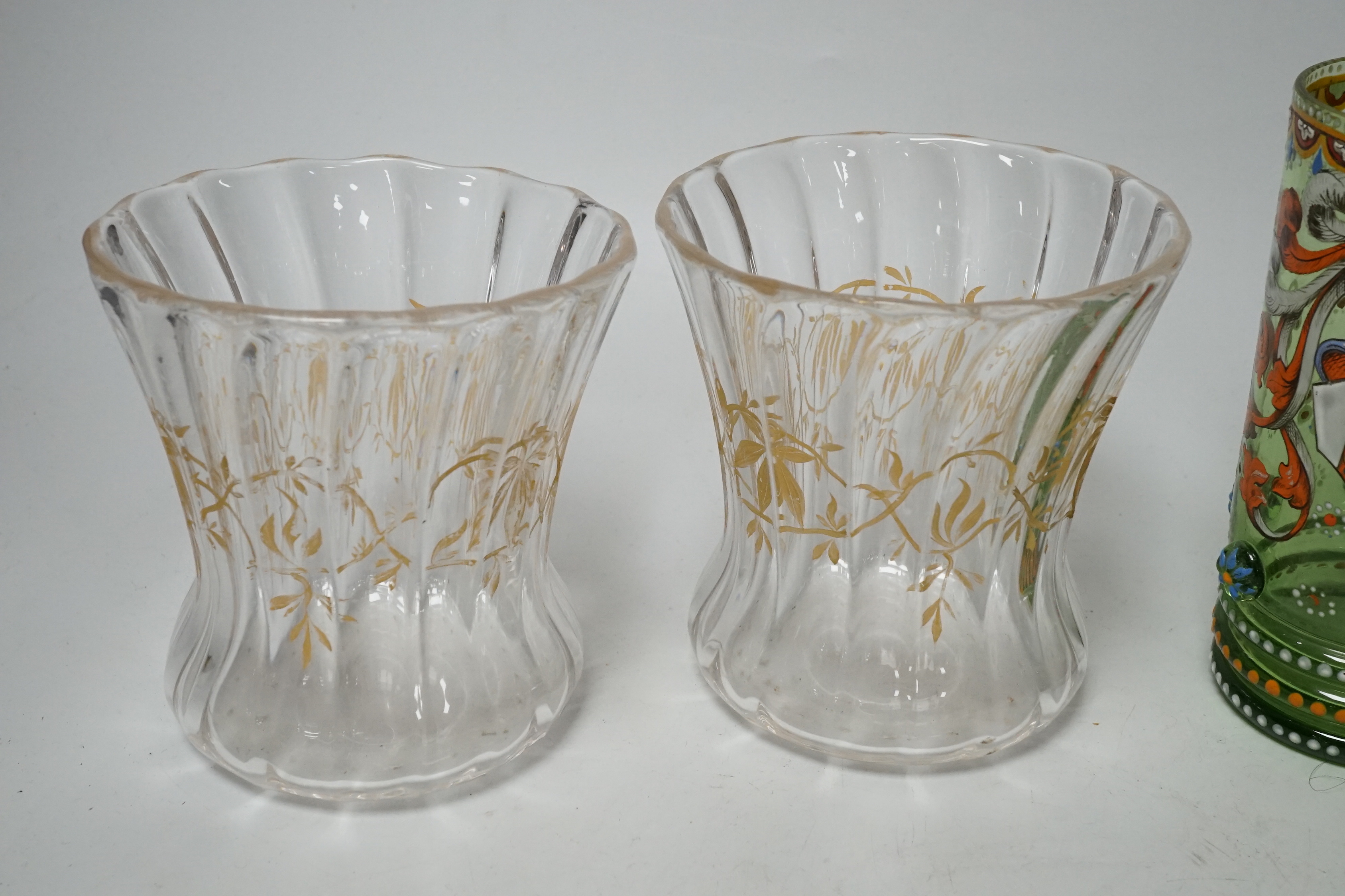 A pair of 19th century German Historismus armorial glass beakers and a pair of glass pots, tallest 14cm